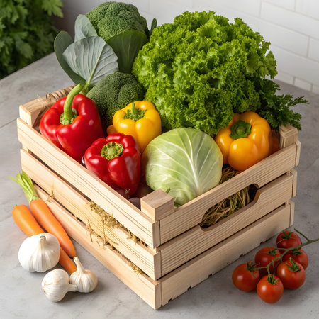 Wooden box full of fresh vegetables on a marble countertop.の素材