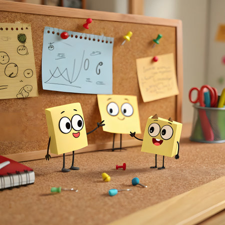 3d illustration. Cute sticky notes on a cork board.の素材