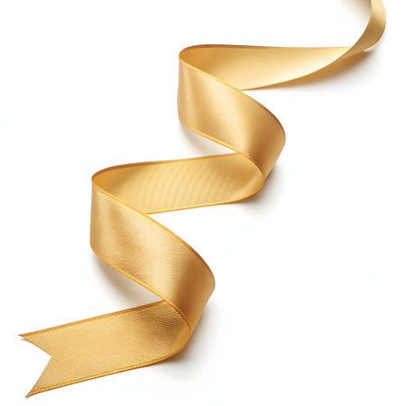 close up of  a gold ribbon on white background with clipping pathの素材