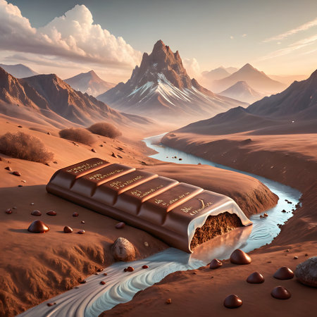 Chocolate in the desert with mountains in the background. 3d renderingの素材