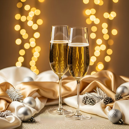 Two glasses of champagne on golden background with christmas decoration and lightsの素材