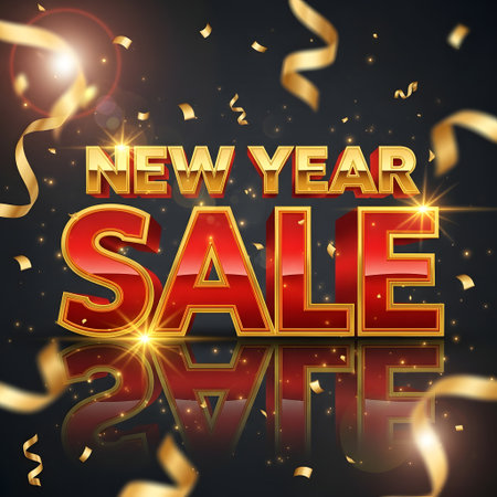 New year sale banner with gold confetti on black background. Vector illustration.の素材