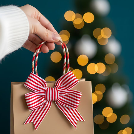 Closeup of woman's hand holding craft paper bag with christmas tree on backgroundの素材