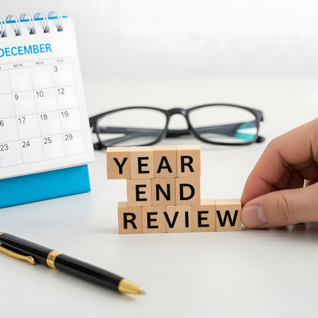 Concept of year end with calendar and wooden cubes on the tableの素材