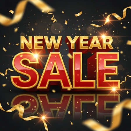 New year sale banner with gold confetti and ribbons. Vector illustrationの素材