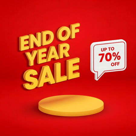 End of year sale banner with podium on red background. Vector illustrationの素材