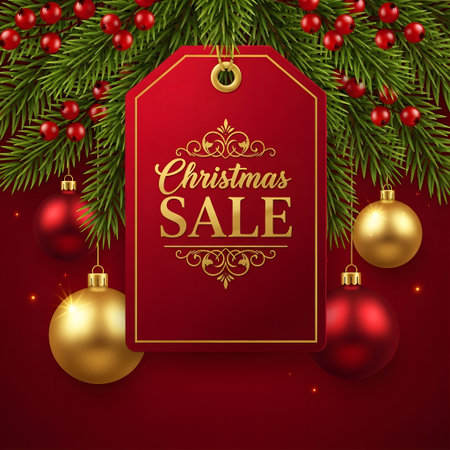 Christmas sale background with fir tree branches and balls. Vector illustration.の素材