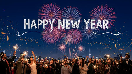 Happy New Year greeting card with fireworks and crowd of people silhouettesの素材