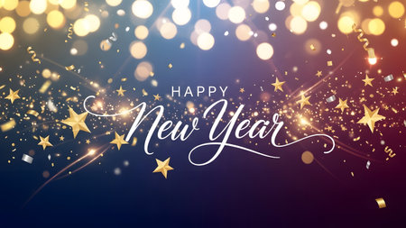 Happy New Year greeting card. Vector illustration with golden lights and confetti.の素材