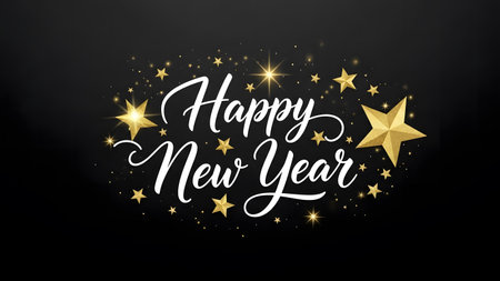 Happy New Year card with gold glittering stars. Vector illustration.の素材