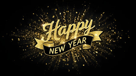 Happy New Year gold glittering text on black background. Vector illustrationの素材