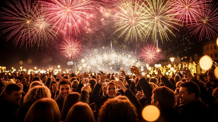 Crowd watching fireworks at the New Year's Eve in Munich, Germanyの素材