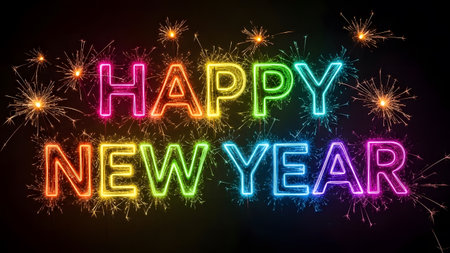 Happy New Year written with Sparkle firework on black background, celebration conceptの素材