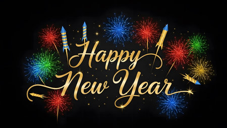 Happy New Year lettering with fireworks on black background. Vector illustration.の素材
