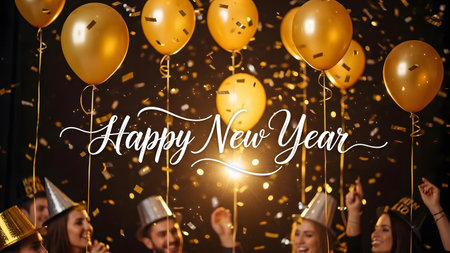 Happy New Year greeting card with gold balloons and confetti on black backgroundの素材