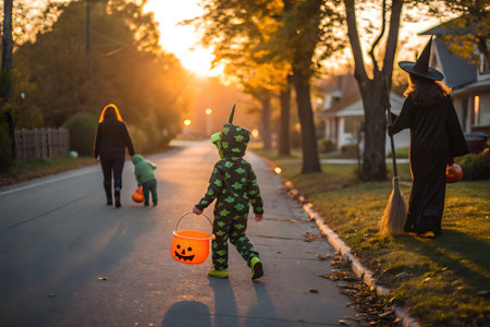 Children in Halloween costumes trick or treating on the street at sunset.の素材