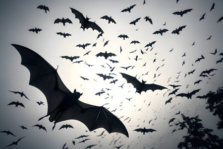 Halloween bats flying in the sky. Halloween background. Toned.の素材
