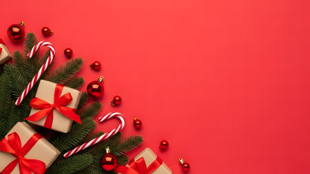 Christmas background with fir branches and candy canes on red background.の素材
