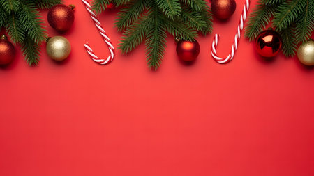 Christmas background with fir branches, candy canes and red balls on red backgroundの素材