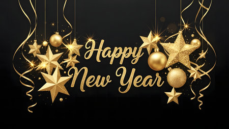 Happy New Year Greeting Card. Golden Christmas Decoration on Black Background.の素材
