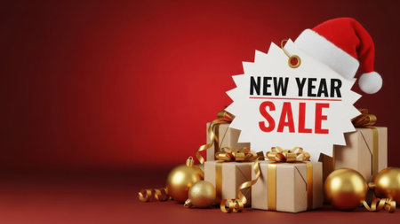 Festive new year sale promotion featuring a santa hat on a star-shaped tag, surrounded by elegant gift boxes and shiny golden ornaments on a red background.の素材