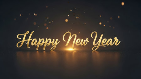 A shimmering golden "Happy New Year" message in elegant script, illuminated by a warm glow and sparkling particles, celebrating new beginnings and prosperity.の素材