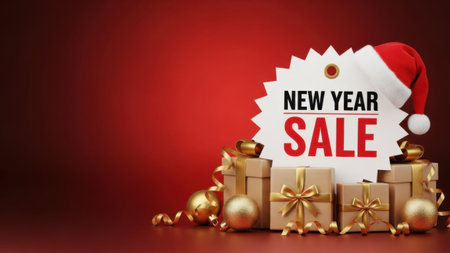 Vibrant new year sale promotion with gifts, santa hat, and golden ornaments on a red background. Ideal for holiday marketing, discounts, and festive ads.の素材
