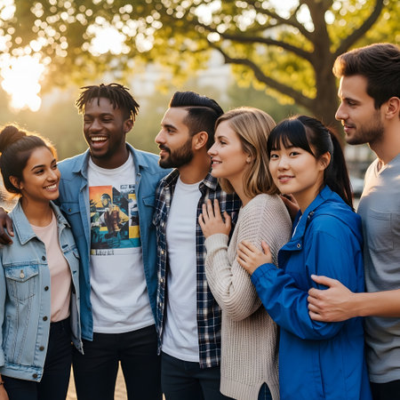 A group of six diverse young adults, smiling and looking at the camera, with trees and sunlight in the background.の素材