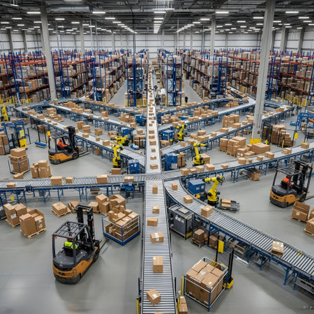 Expansive, high-angle view of a modern fulfillment center. Automated conveyor systems, robotic arms, and forklifts efficiently sort and move a multitude of cardboard packages across a vast logistics network.の素材