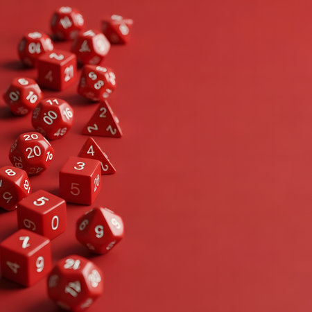 A collection of red polyhedral dice, including d4, d6, d8, d10, d12, and d20, scattered across a red surface, symbolizing tabletop gaming and chance.の素材