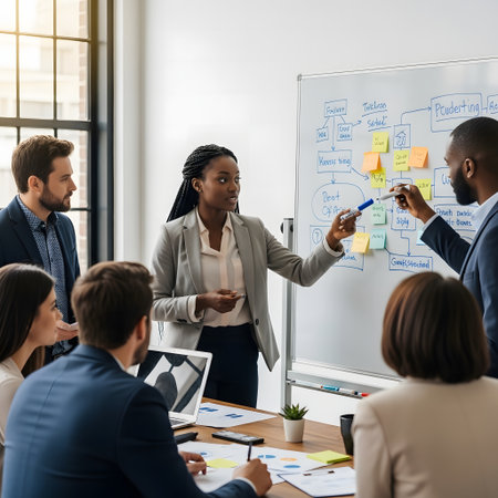 A group of professionals in a meeting, actively engaged in a discussion around a whiteboard filled with notes and ideas.の素材