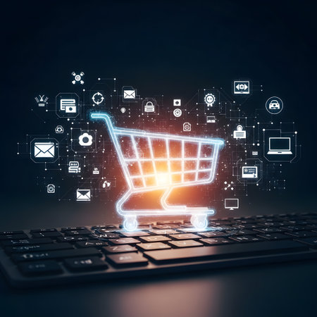 A luminous shopping cart hovers over a keyboard, surrounded by a network of glowing digital icons representing online services and commerce.の素材