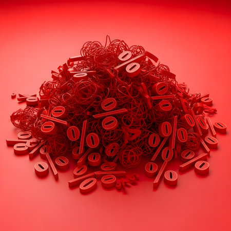 A large, chaotic pile of red 3D percentage symbols and tangled red strings fills the frame, scattered across a uniform red surface, suggesting financial concepts.の素材