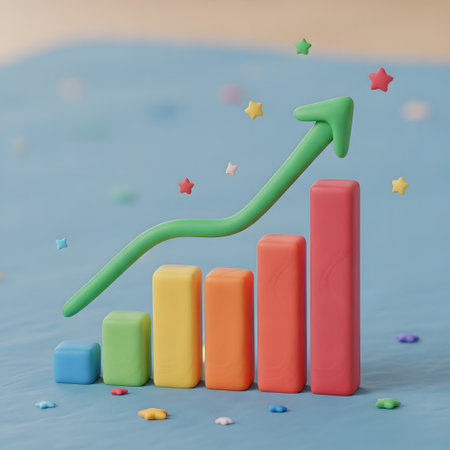 A playful 3D illustration depicts a bar chart with ascending bars in blue, green, yellow, orange, and red, accompanied by a green arrow indicating growth and scattered colorful star shapes.の素材