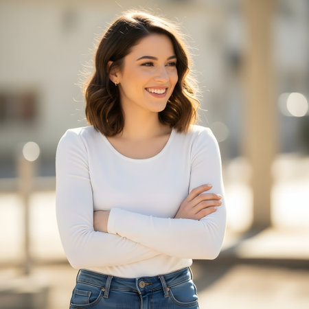 A medium, outdoor portrait of a young woman with medium-length brown hair, smiling genuinely with her arms crossed over her chest. She is wearing a simple white long-sleeve top and blue jeans. The bacの素材