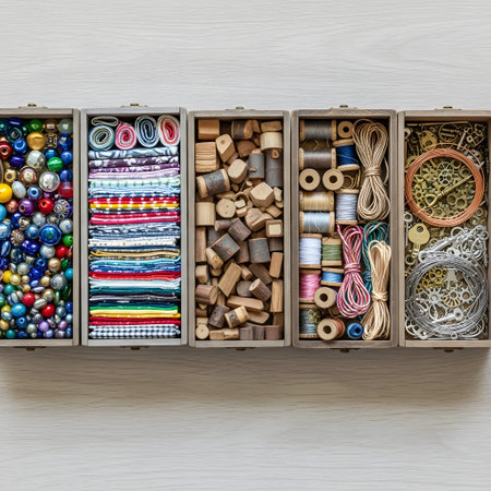 An overhead view of five narrow, rustic wooden compartments arranged horizontally. Each compartment is filled with different types of crafting materials: colorful beads, neatly rolled and folded fabriの素材