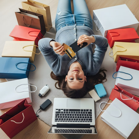 A woman is lying on the floor surrounded by shopping bags, holding a credit card and phone, with a laptop nearby, indicating online shopping and e-commerce activities.の素材