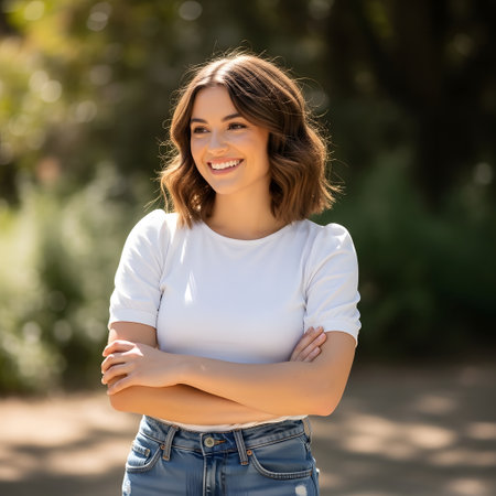 portrait of smiling young woman with crossed arms looking at camera in parkの素材