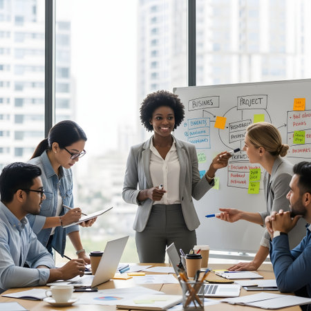 A diverse group of five business professionals actively engaged in a strategy session around a whiteboard filled with diagrams and notes. A smiling African American woman stands centrally, pointing toの素材