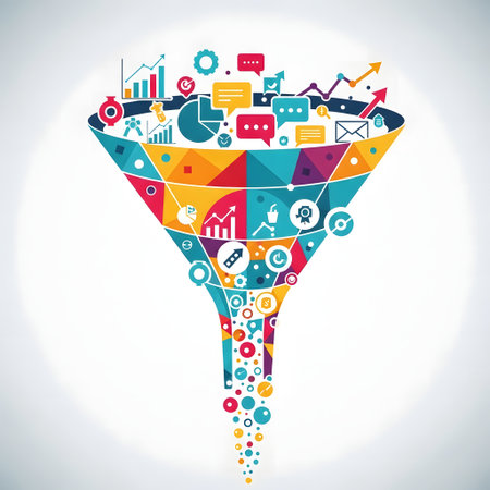 Colorful funnel with business icons and symbols, abstract vector illustration.の素材