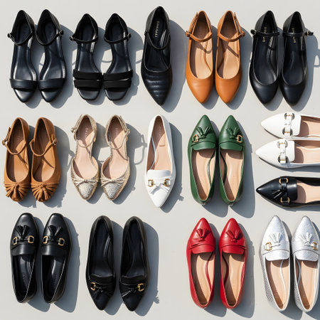 High angle view of different types of women's shoes on grey backgroundの素材