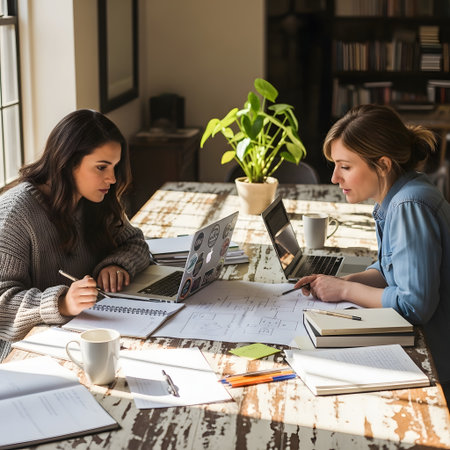 Image of two young businesswomen working together at office. Looking aside.の素材