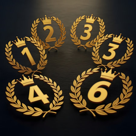 A set of six golden laurel wreaths, each featuring a number from 1 to 6 and topped with a small crown, displayed against a dark, moody background. These symbols represent rankings or achievements in aの素材