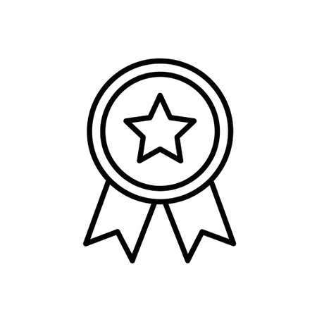 A simple black outline icon depicting an award ribbon or rosette featuring a five-pointed star in the center. The design is clean, minimalist, and isolated on a white background, suitable for use as aの素材