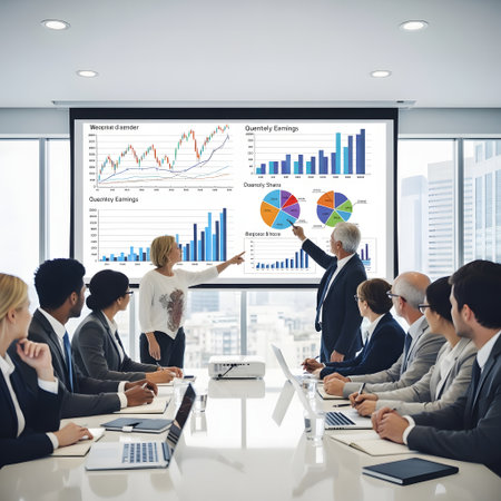 Business People Meeting Presentation Corporate Teamwork Concept. Businessmen and businesswomen in a meeting with charts and graphs.の素材
