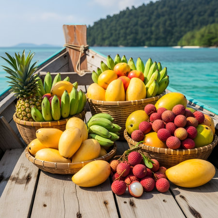 Fruits in a boat on the beach of Koh Lipe, Thailandの素材