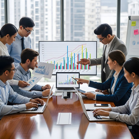Group of business people discussing the charts and graphs showing the results of their successful teamworkの素材