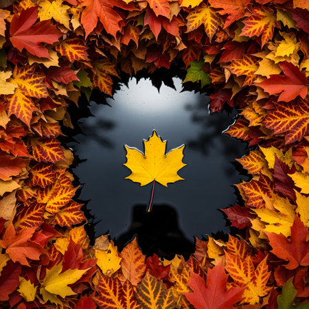Autumn maple leaves in the shape of a heart on a dark backgroundの素材
