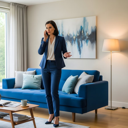 Businesswoman talking on mobile phone while standing in living room at homeの素材