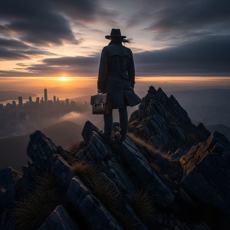 Silhouette of a man standing on top of the mountain and looking at the sunriseの素材